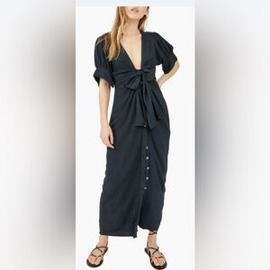 Free People black maxi linen blend front tie summer shirtdress XS